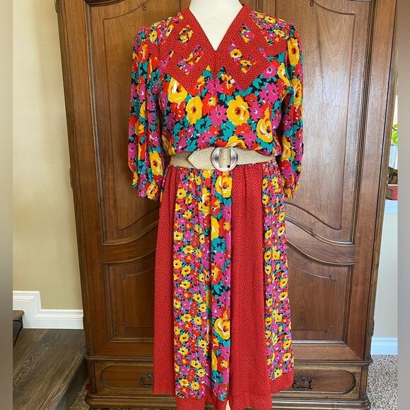 Vintage Floral Dress Mixed Contrasting Print Midi Dress Plus Size 14 - Picture 7 of 11
